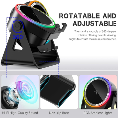 4-in-1 Wireless Induction Speaker with RGB Lights & Phone Stand | 360° Rotating Design